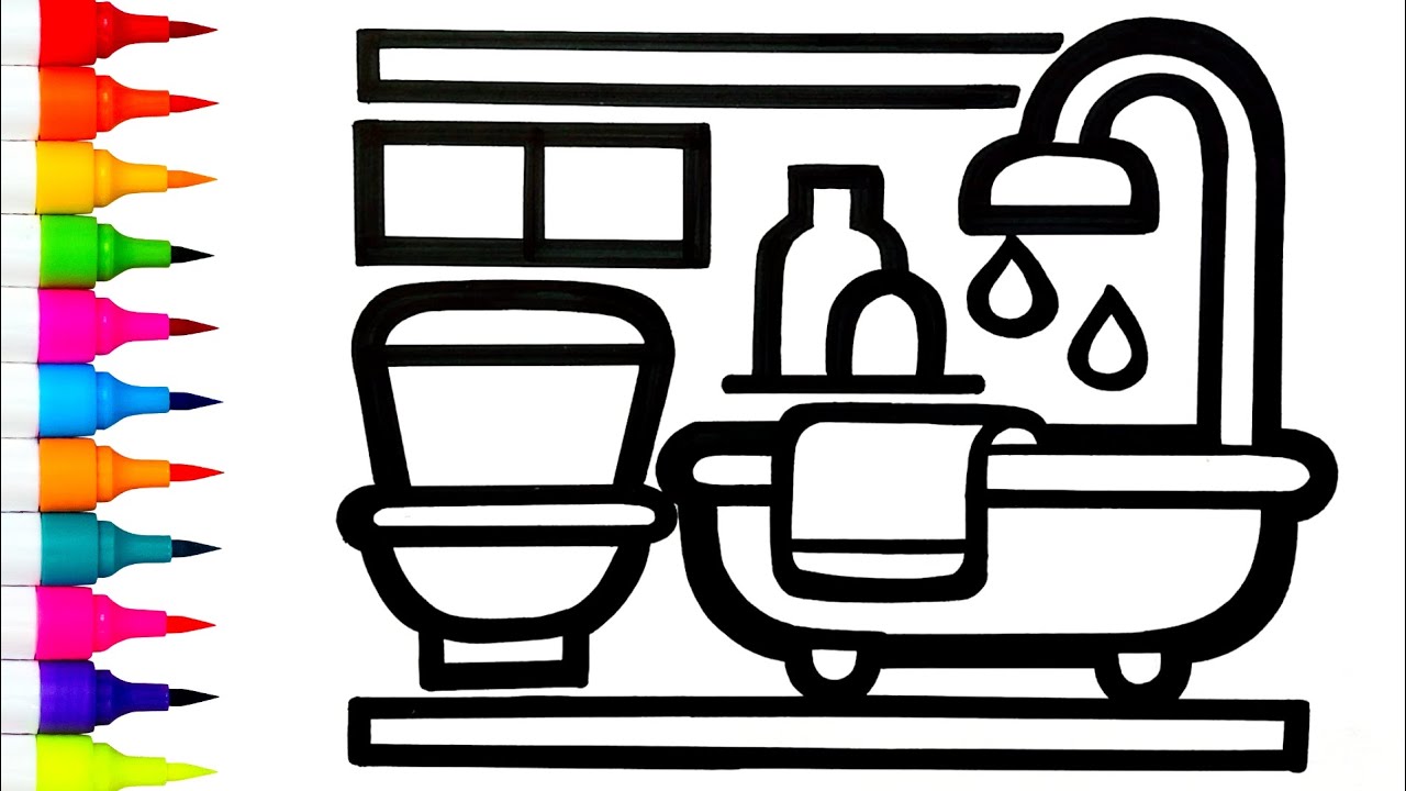 Как нарисовать ванную комнату 🛁🚿 | Простой рисунок туалета и ванны шаг за шагом