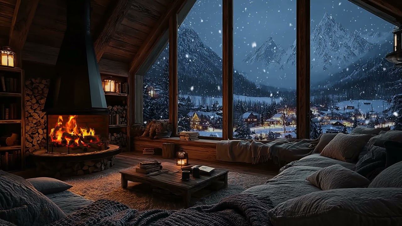 Warm Cabin Night in Falling Snow | Firelight Within, Snow Drifting Outside for Deep Sleep and Relax