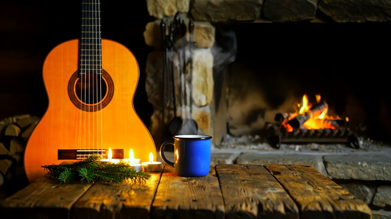 Soft Acoustic Guitar Background | Warm Coffee & Fireplace Ambience (2 Hours)