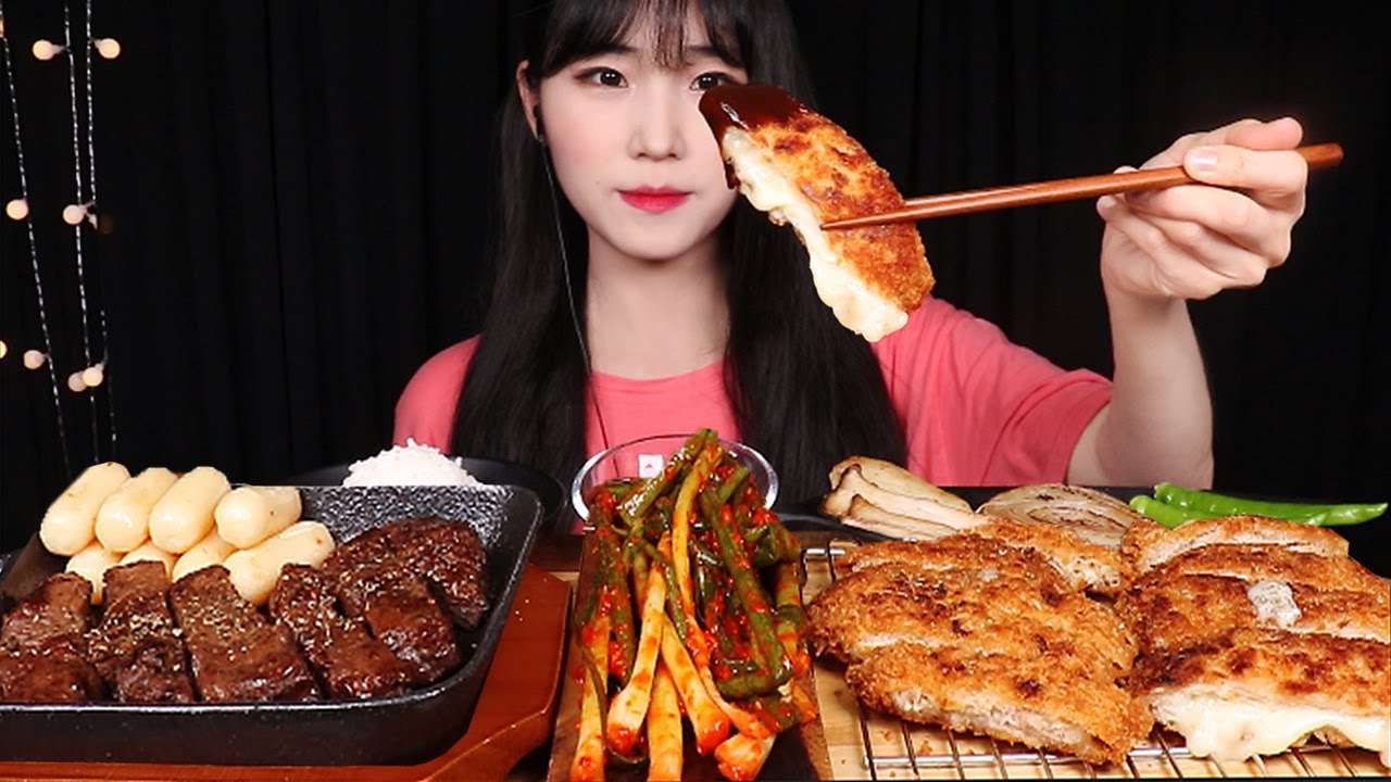 치즈돈까스 떡치즈 스테이크 파김치 먹방😋 Cheese Pork cutlet, rice cake cheese, Steak, Green onion kimchi Mukbang ASMR
