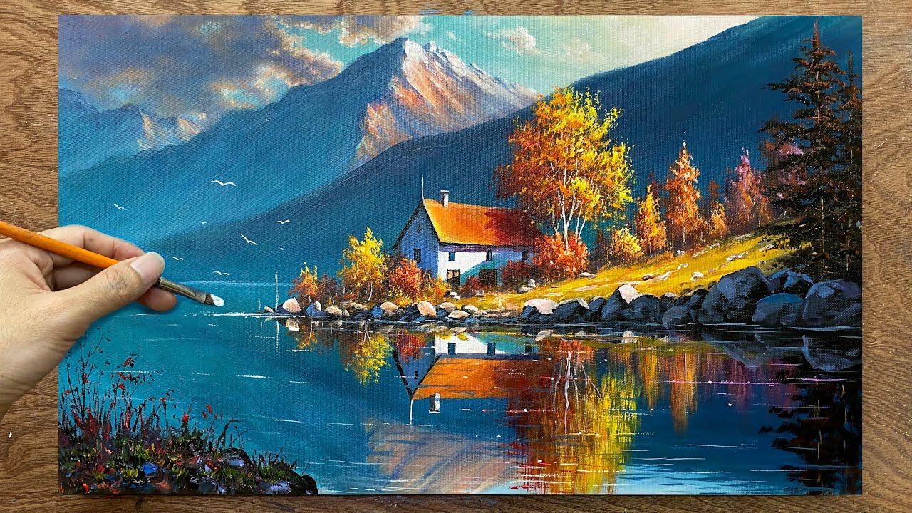 How to draw landscape painting #07 - Lake house landscape / Acrylic painting / A Lu Art.