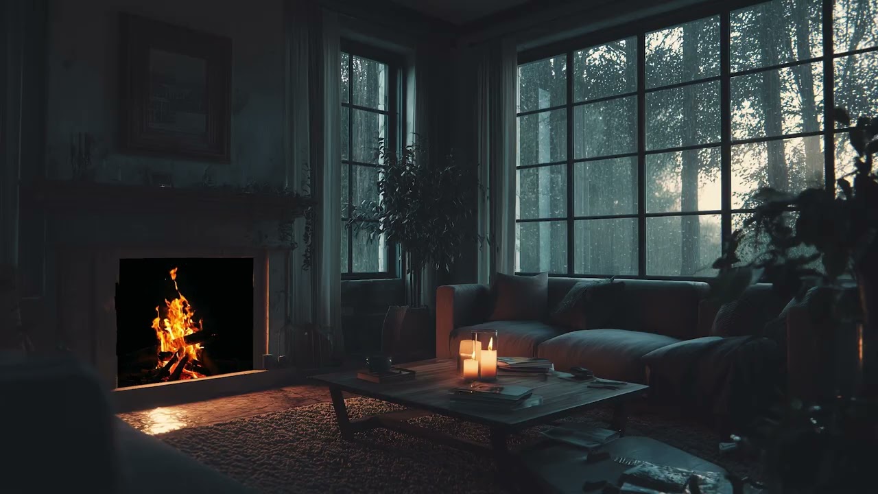 Nighttime Calming Rain Retreat 🌧️ | Cozy Living Room, Fireplace & Piano Music Ambience