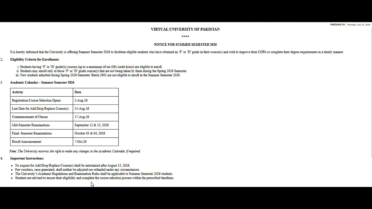Guidelines on VU Summer Semester 2026