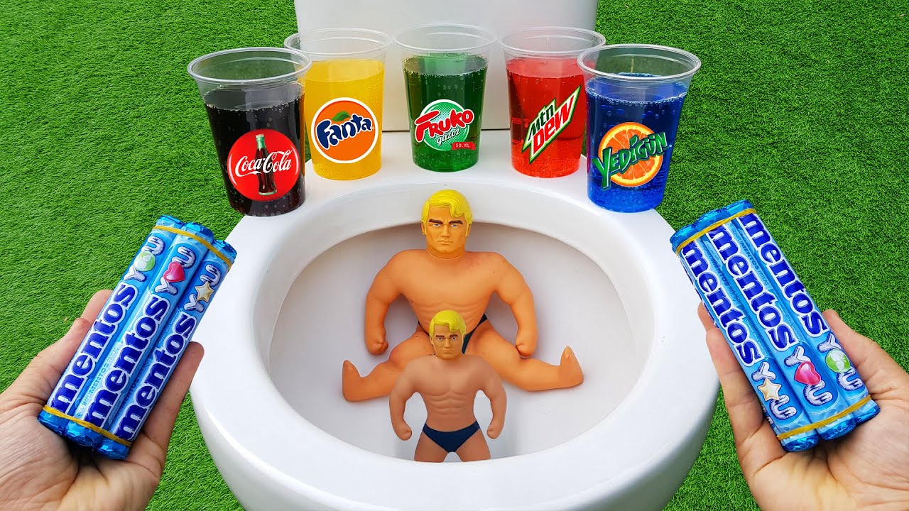 Big Stretch Armstrong VS Small, Coca Cola, Fruko, Mtn Dew, Fanta, Yedig&uuml;n and Mentos in the toilet