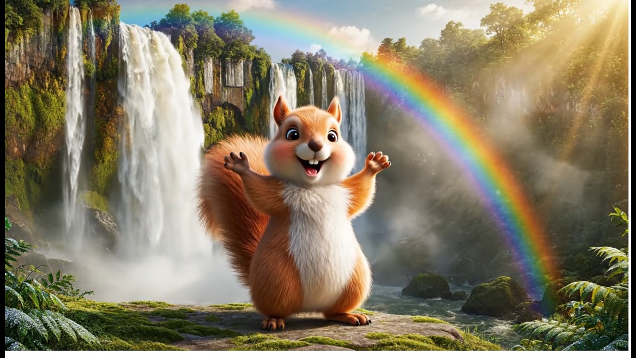 Squirrel at the Giant Waterfall 🌊🌈 | Otters, Fishing Birds & Rainbow Adventure | Kids Cartoon