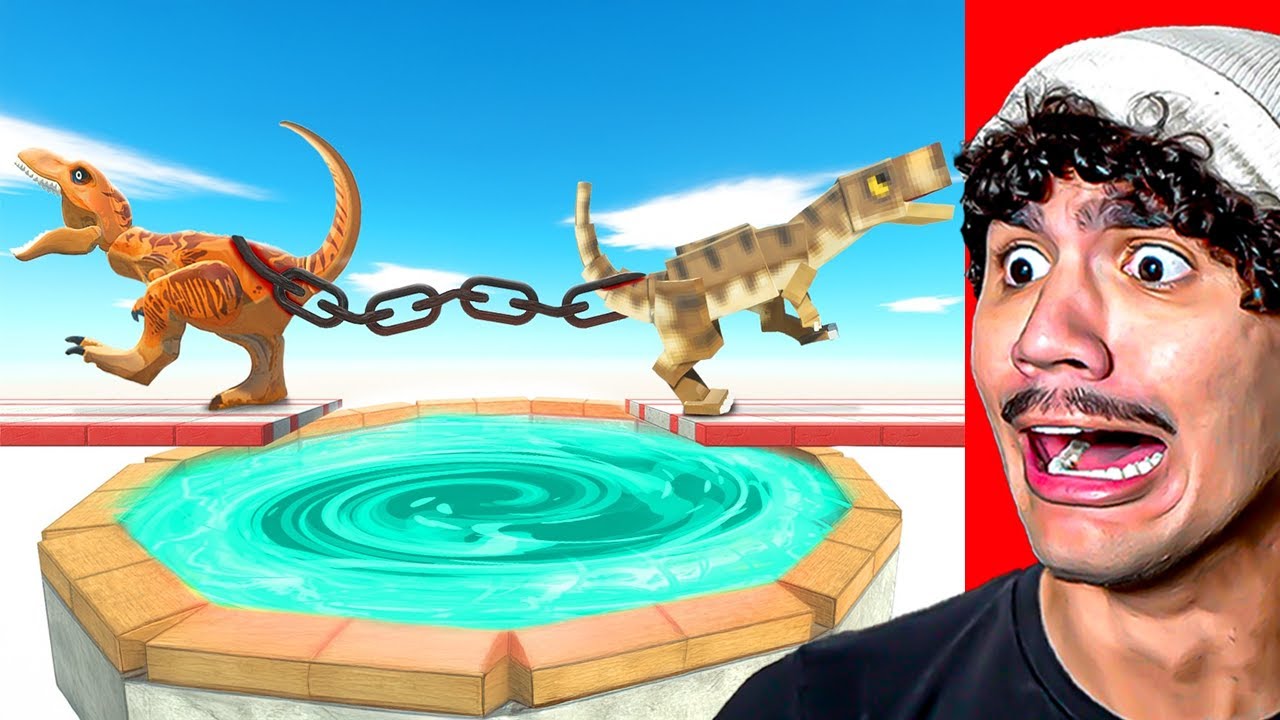 Reagindo a T-Rex do MINECRAFT vs ROBLOX no Cabo de Guerra pelo Portal!