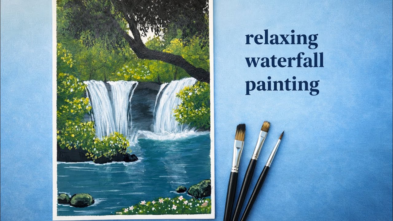 Whispers of Nature – A Relaxing Waterfall Painting | Step into a peaceful escape with this relaxing