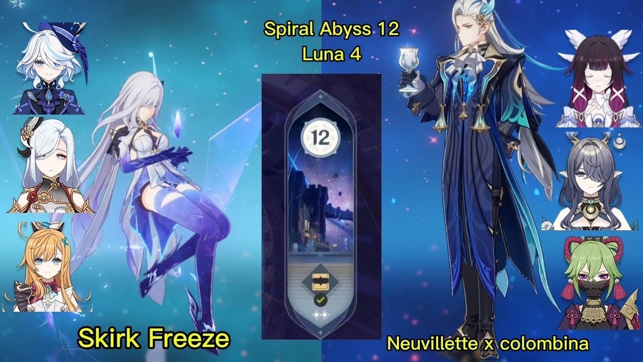 Spiral Abyss Genshin impact Luna 4 | C0 Skirk Freeze & C1 Neuvillette x colombina | Floor 12 9 stars