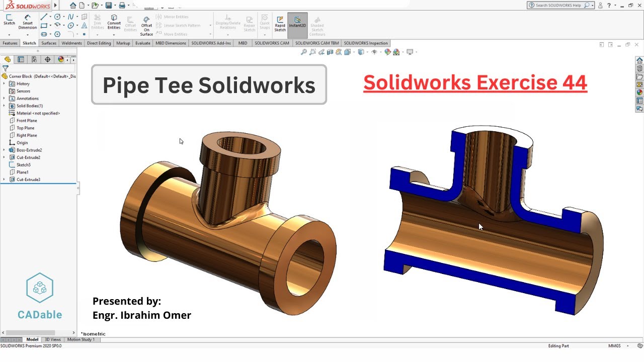 Pipe Tee Solidworks | Solidworks Pipe Fitting | Solidworks Exercise 44 | CADable | CADable Tutorials