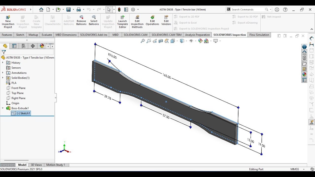 ASTM D638 - Type I Tensile bar (165mm) - 3D Design