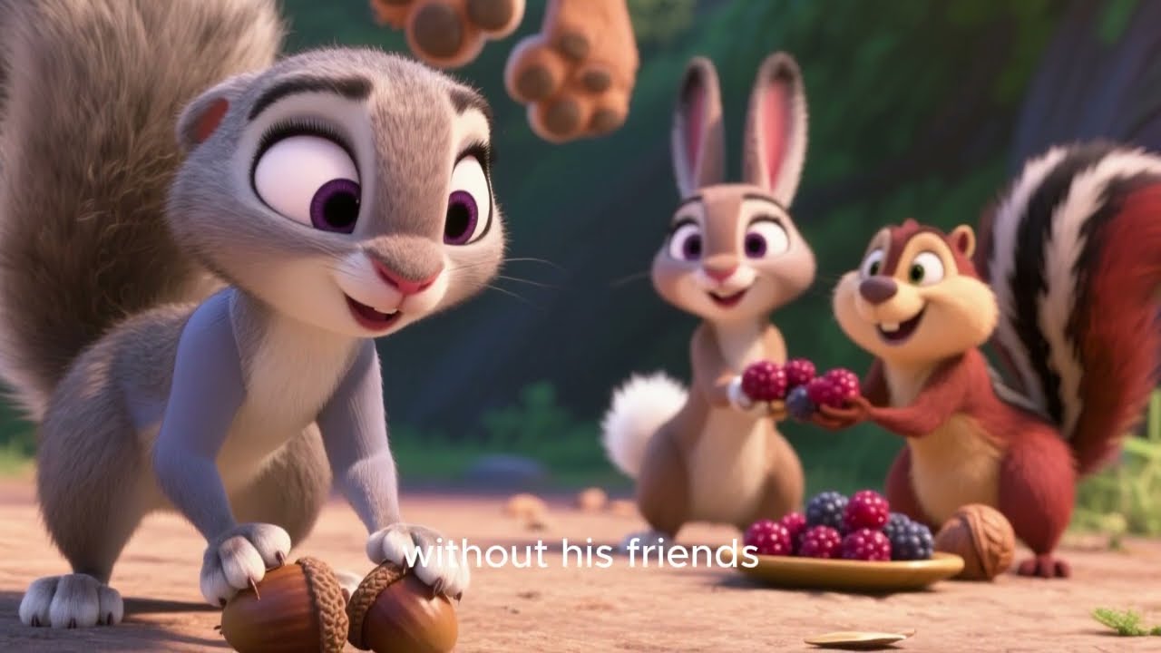 Little squirrel learns to share acorns with friends