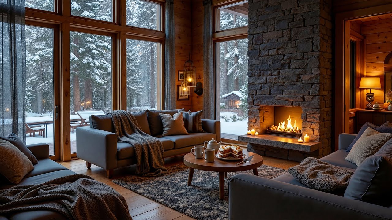 Relaxing Piano Music & Crackling Fireplace🔥Cozy Winter Ambience & Snowfall for Sleep & Stress Relief