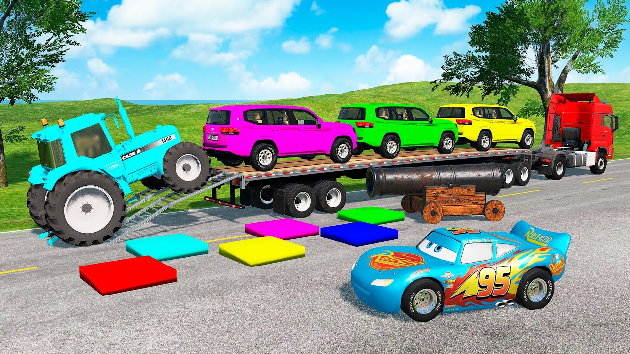TRANSPORTING PIXAR CARS & FRUITS WITH COLORED & JOHN DEERE vs CLAAS vs TRACTORS - BeamNG.drive 