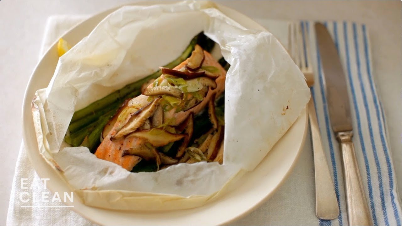 Salmon, Asparagus and Shiitake Mushrooms Steamed in Parchment - Eat Clean with Shira Bocar
