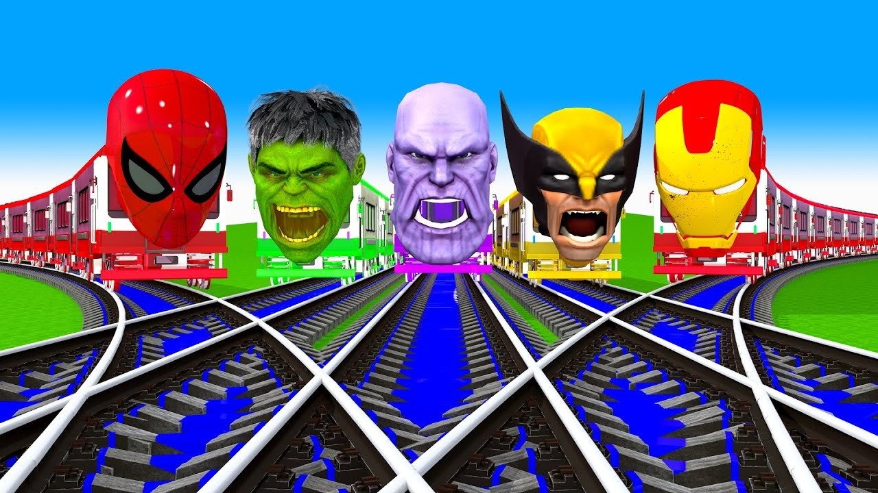踏切アニメ スーパーヒーロー電車 TRAIN 🚦 Spider-Man Thanos Hulk Iron Man Fumikiri 3D Railroad Crossing #train #47