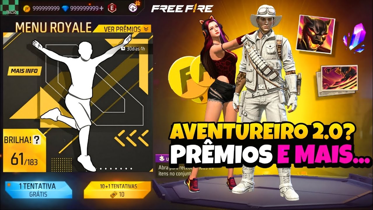 CORREE!! EMOTE NO OURO ROYALE? +1 CONJUNTO GRÁTIS, AVENTUREIRO 2.0, CUBO E MAIS, NOVIDADES FREE FIRE