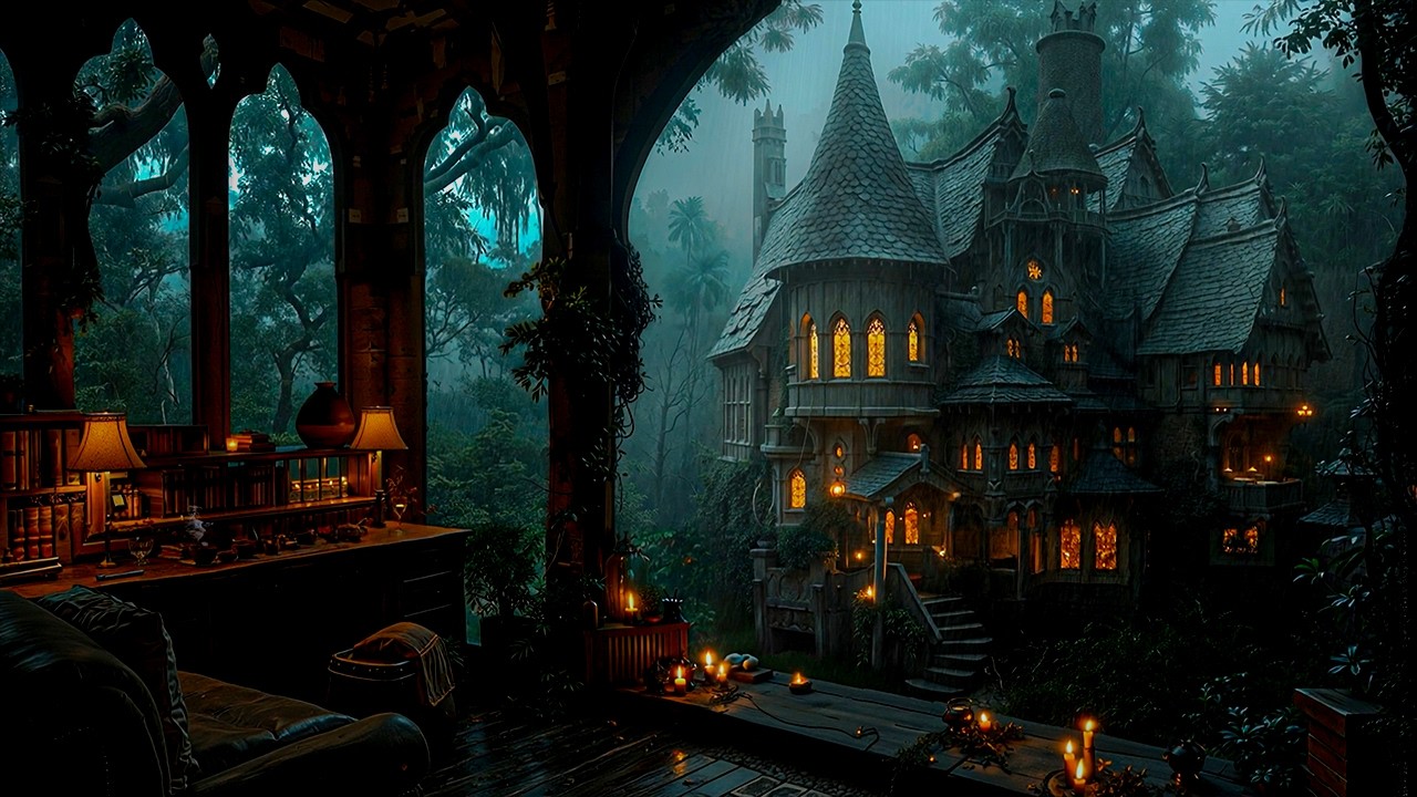 Victorian Attic Overlooking Misty Estate | Rainy Classical Ambience & Candlelight | Dark Academia