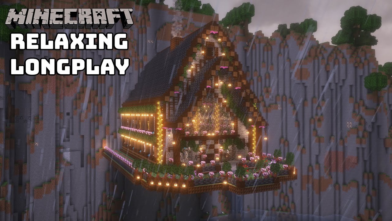 Minecraft Relaxing Longplay | Rainy Day | Building Cliff House | No Commentary