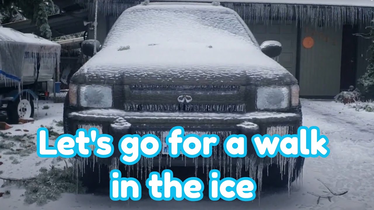 No Electricity, No Heat so lets Walk! Ice coated streets after freezing rain storm in Oregon.