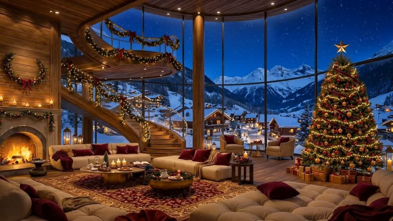 Cozy Night At a Cabin | Fireplace & Falling Snow | 2026 Christmas| 4K Ambience