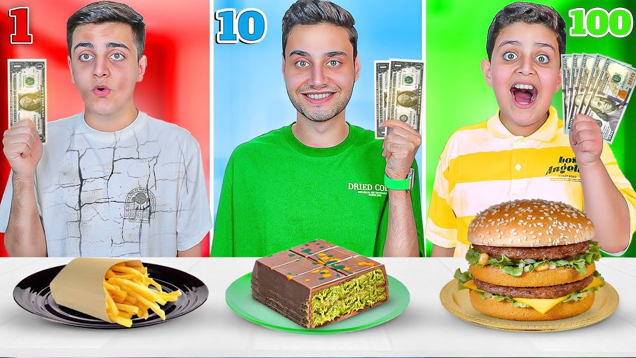 تحدي الأكل بـ ( 1$ و 10$ و 100$ )💰 ليوم كامل 🕛 .. برجر