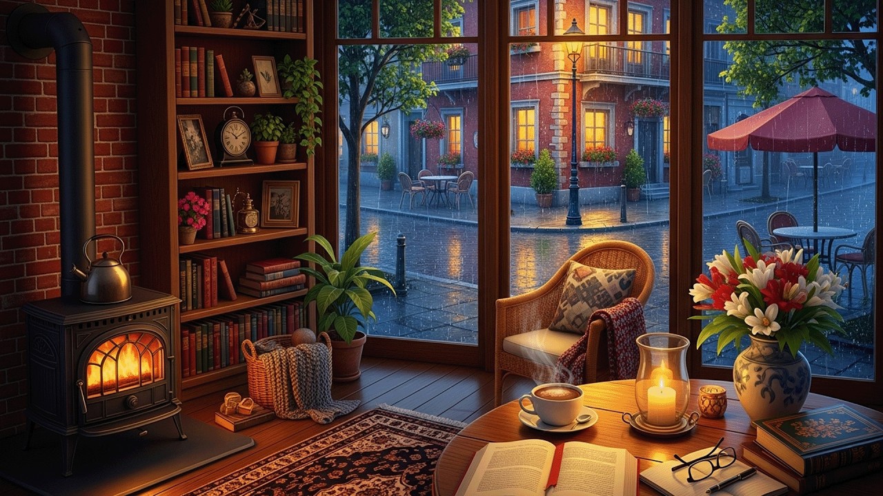 Gentle Rain Outside Cozy Cafe Relaxing Piano and Fireplace Sounds