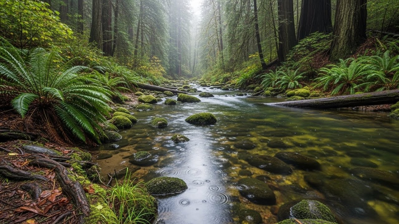 Relaxing Soothing Rainfall with Flowing River Sounds for Studying, Focus, and Calm