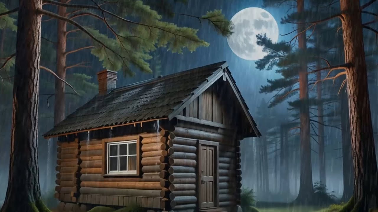 Rainy Night at Log Cabin with Heavy Rain and Moonlight | Deep Sleep Nature Sounds Ambience