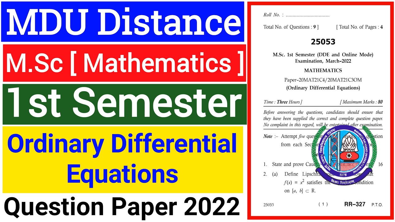 Mdu M.Sc Distance Ordinary Differential Equations 1st semester Question Paper 2022 | Mdu Msc Paper