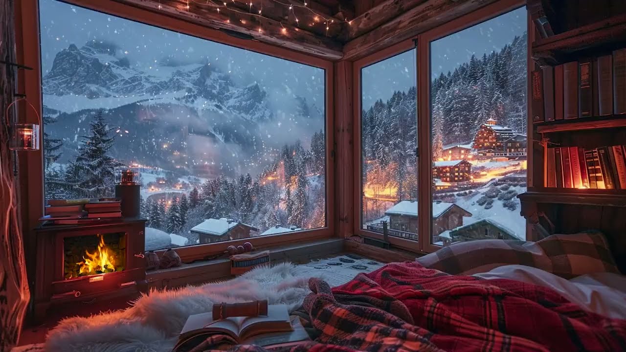 Winter Cabin Fireplace Ambience with Relaxing Piano Music for Deep Sleep and Calm
