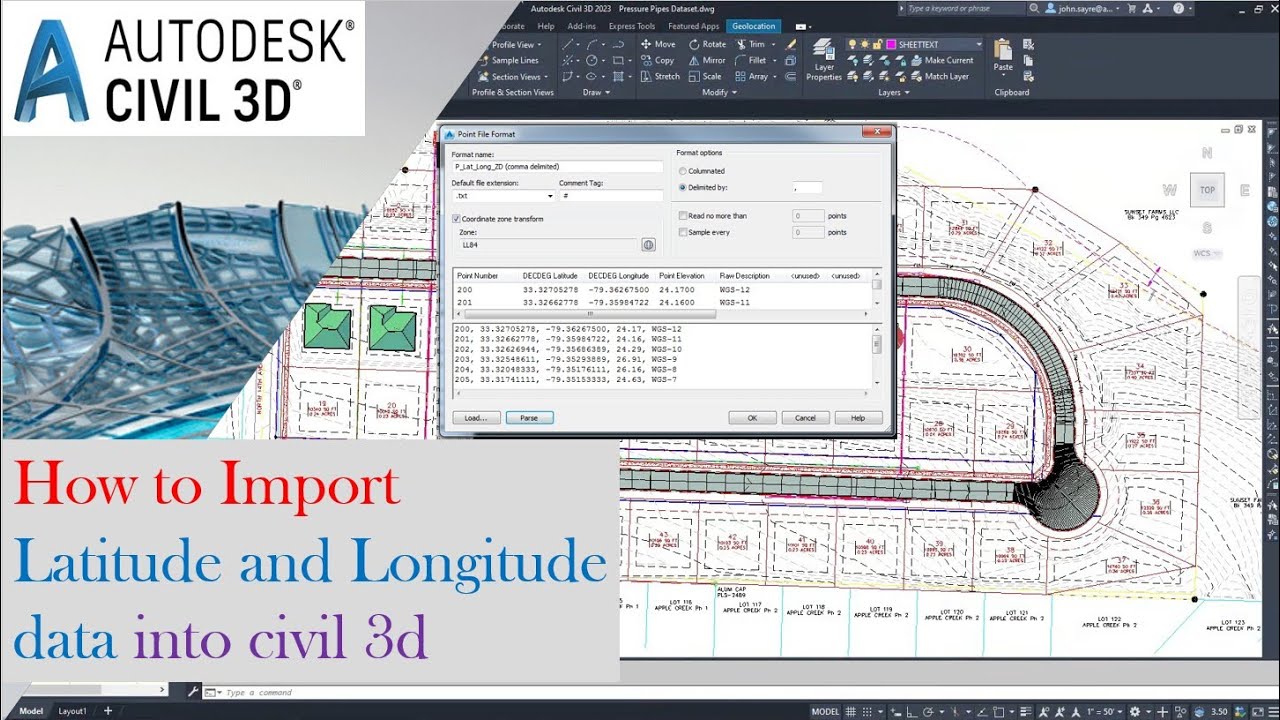 How to import Longitude, Latitude and point with additional information in civil 3D Lesson#5 P2
