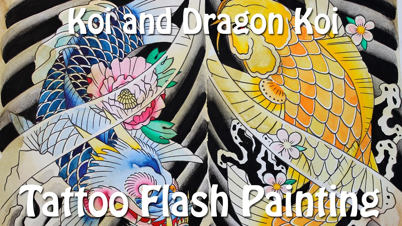 Koi and Dragon Koi - Tattoo Flash Painting