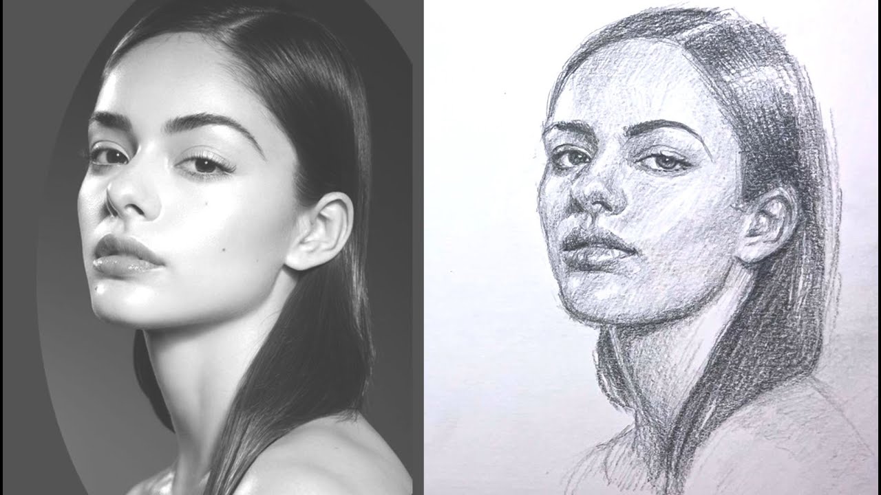 Draw a Realistic Face at Three Quarter and Tilted Up Angle! Woman with Sleek Dark Hair