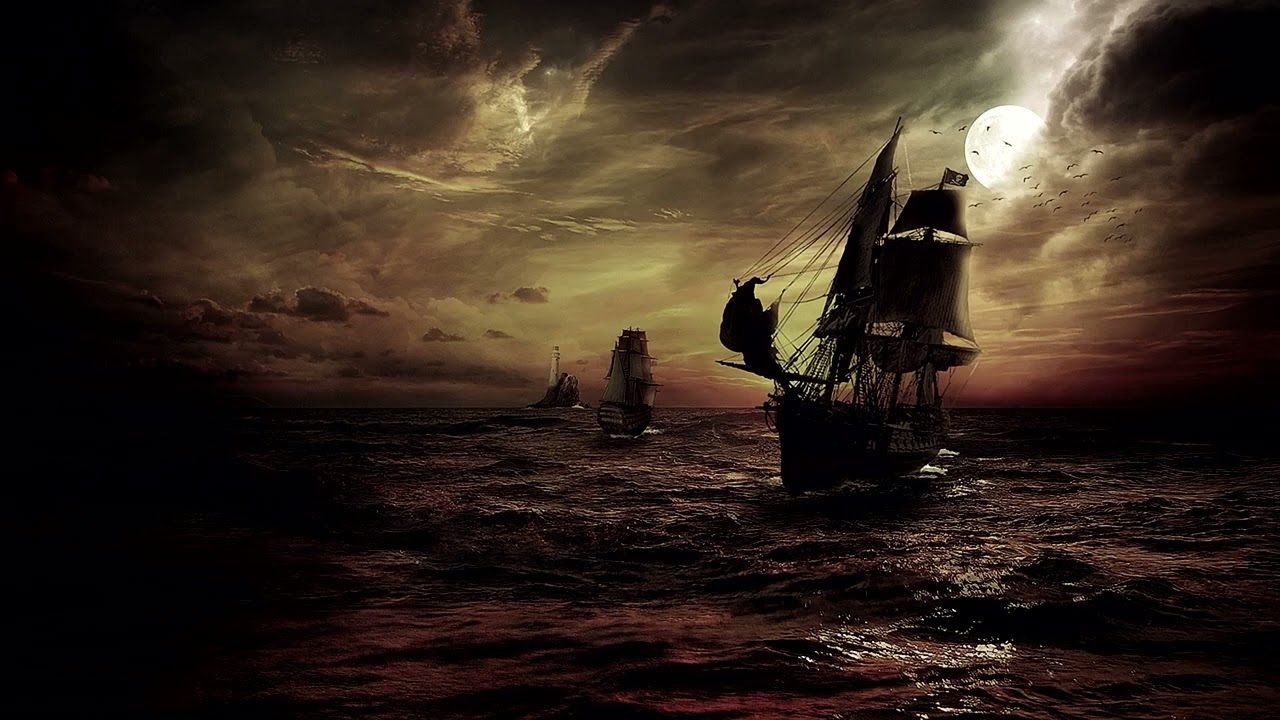 Knarrendes H&ouml;lzernes Piratenschiff auf hoher See in einem Gewittersturm zum Entspannen & Einschlafen