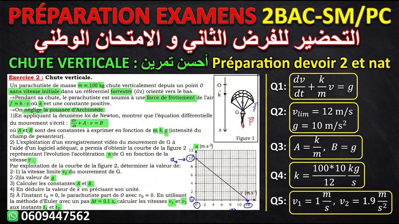 🔥 Chute Verticale – Parachutiste | Exercice Type Examen National 💯 Préparation Devoir 2 | 2BAC SM/PC