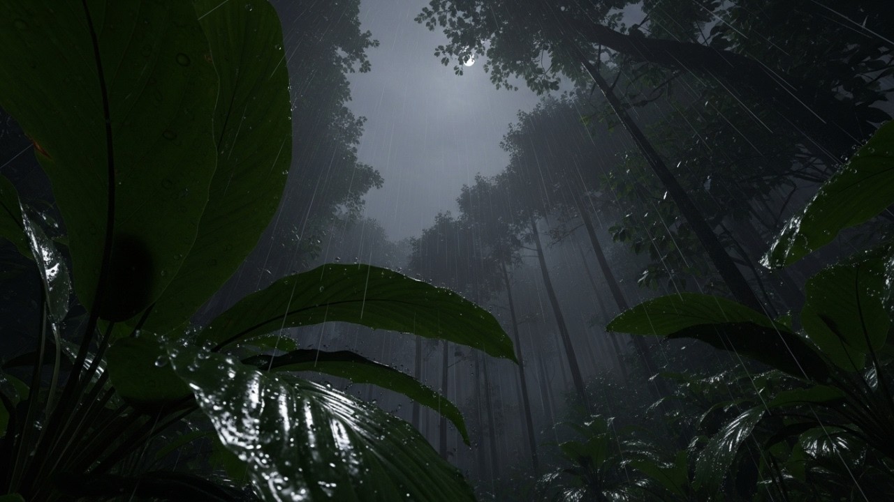 Relaxing Jungle Rain POV 🌿 Tropical Night Canopy & Broad Leaves Ambience