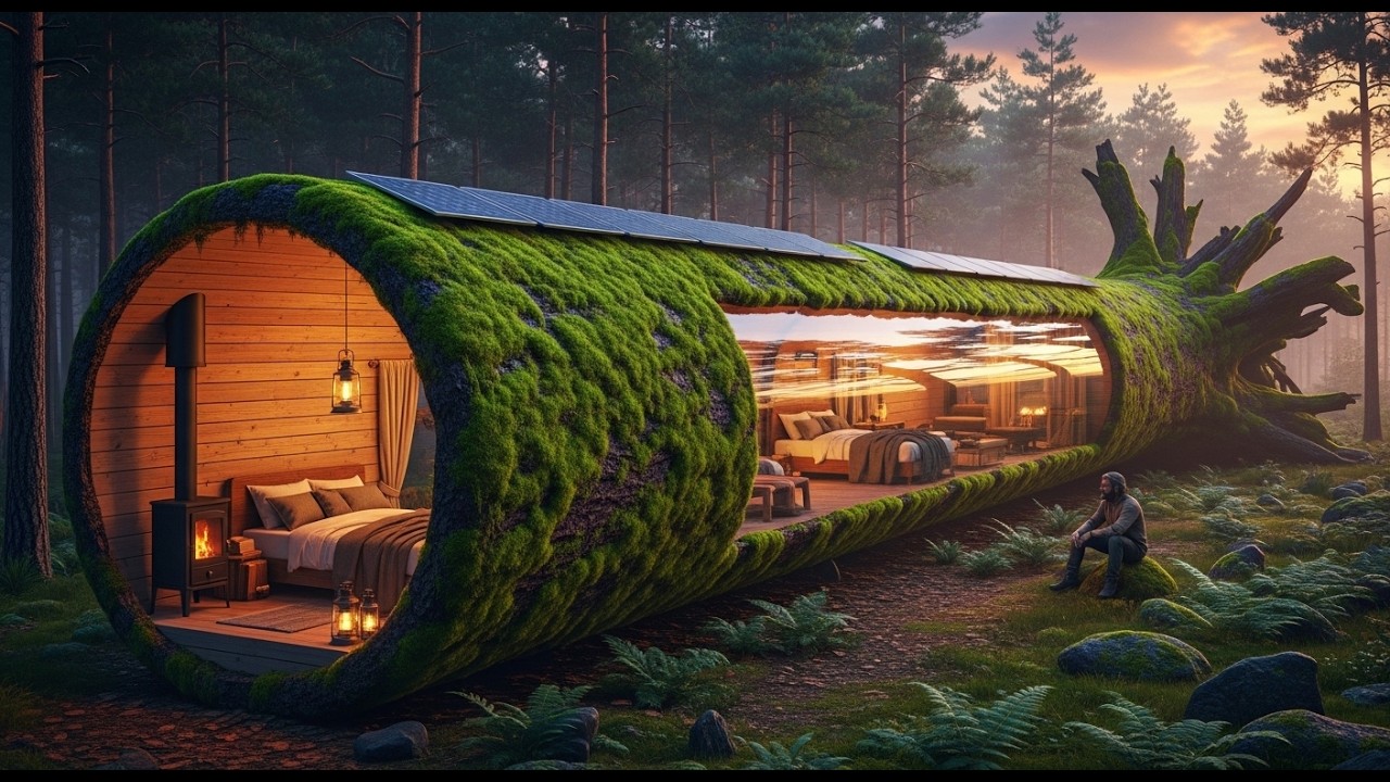 Massive Tree Log Fortress Crafting a Hidden Modern Shelter with Solar Powered Secrets