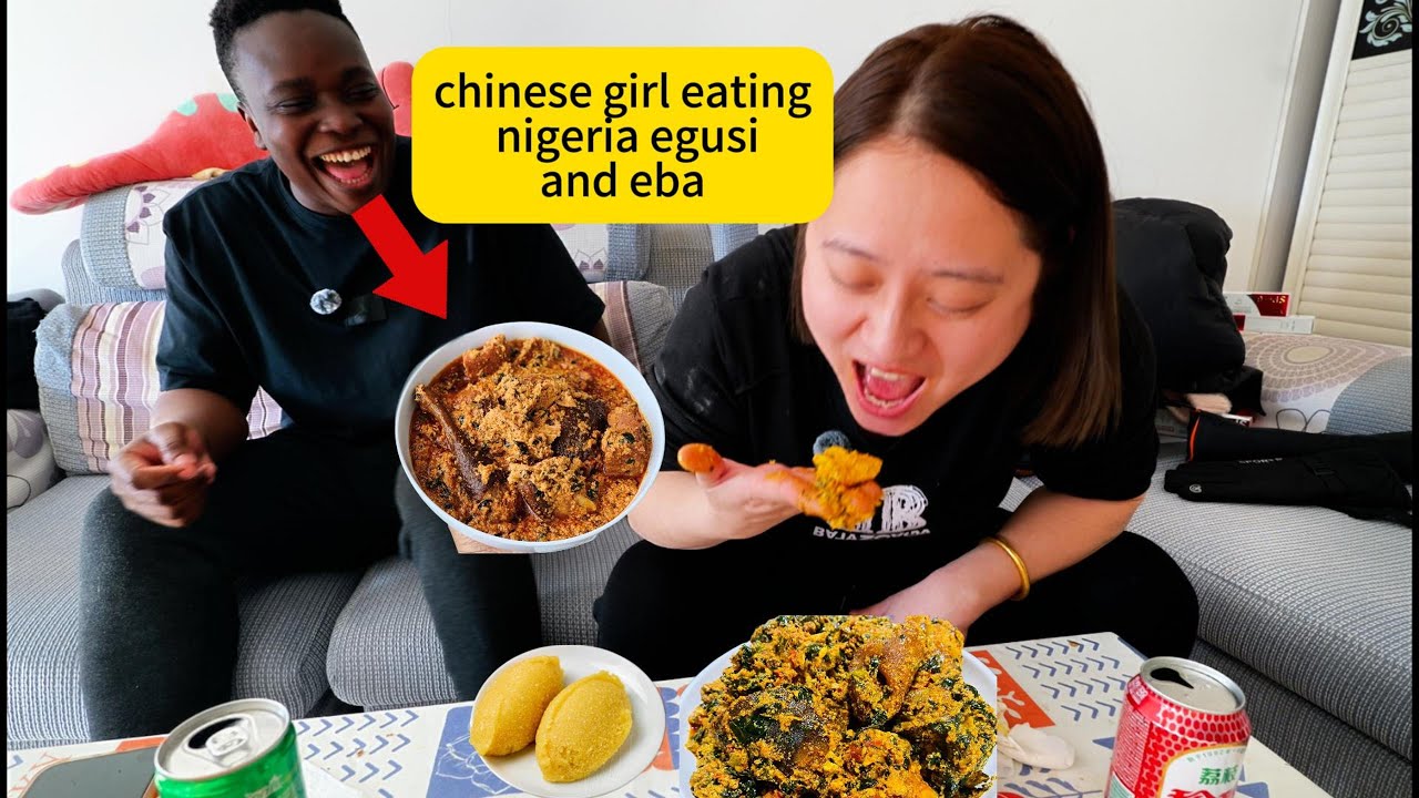Chinese girl eating Nigeria eba  and egusi for the first time