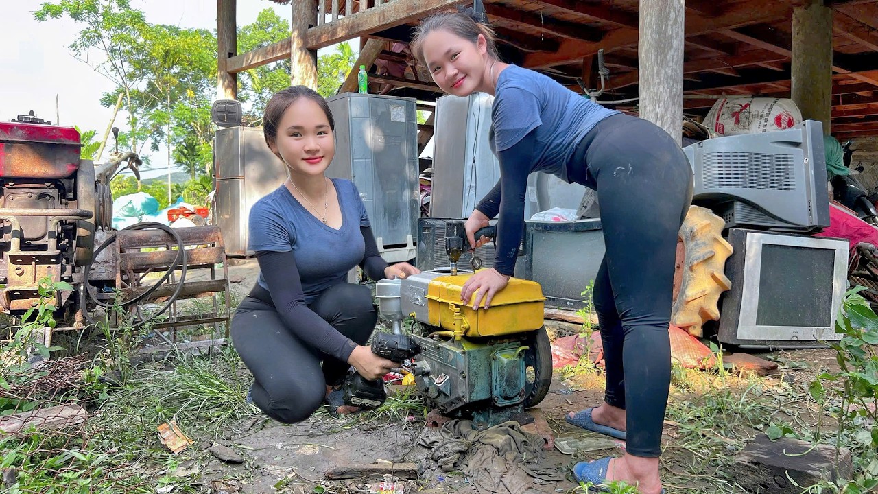The girl recovered a forgotten engine from a pile of scrap metal.