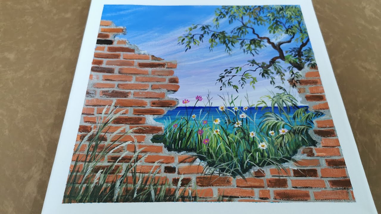 Broken Brick wall and Seascape Acrylic Painting ||simple and easy
