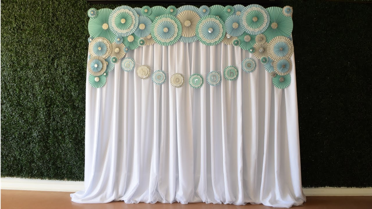 DIY PAPER FLOWERS ROSETTES BACKDROP. THE CHEAPEST WAY. HOW TO HANG TO CURTAINS. LESS THAN $10.