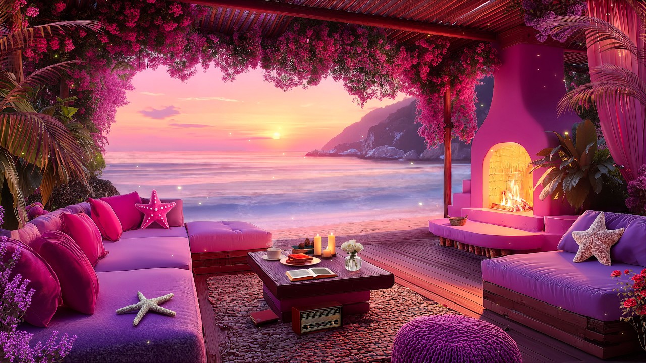Romantic Pink Ocean Sunset 🌸 Smooth Jazz Music with Fireplace and Beautiful Coastal View