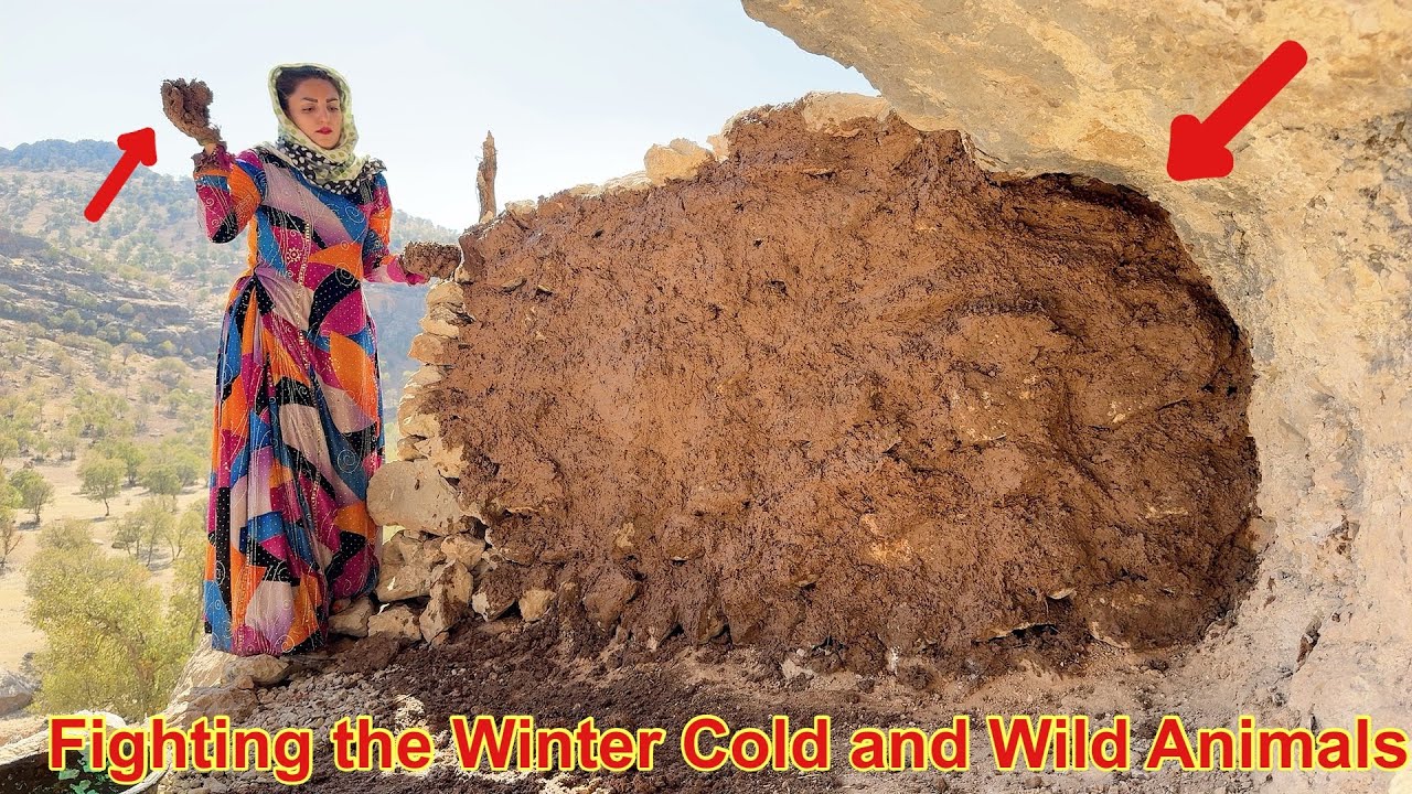 The homeless girl is trying to survive inside a cave using mud and straw.