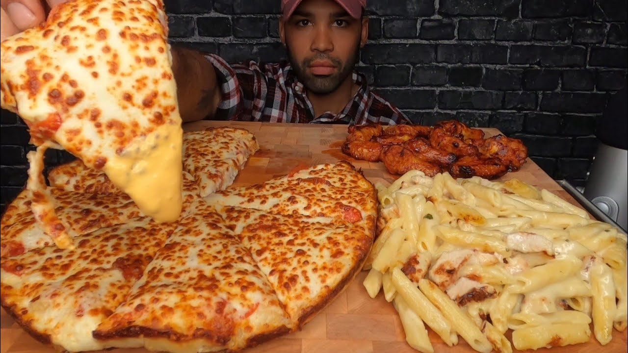 (ASMR) PIZZA, CHICKEN ALFREDO, CHICKEN WINGS MUKBANG