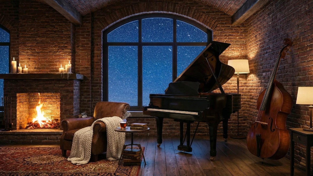 Cozy Brick Loft Jazz Ambience ❄️ | Relaxing Piano & Bass with Fireplace Relax, Study, Sleep, Unwind