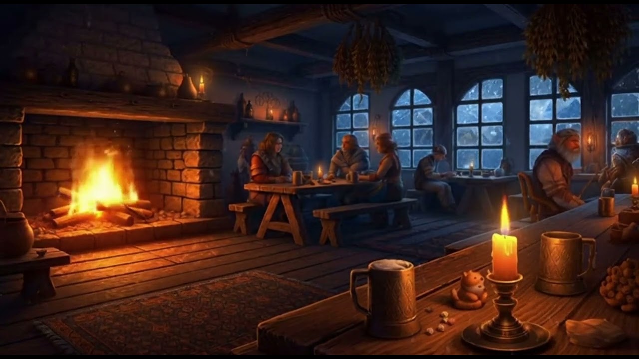Live Medieval Tavern Ambience 🍺🔥 | Soft Voices, Fireplace & Snow | 3 Hours
