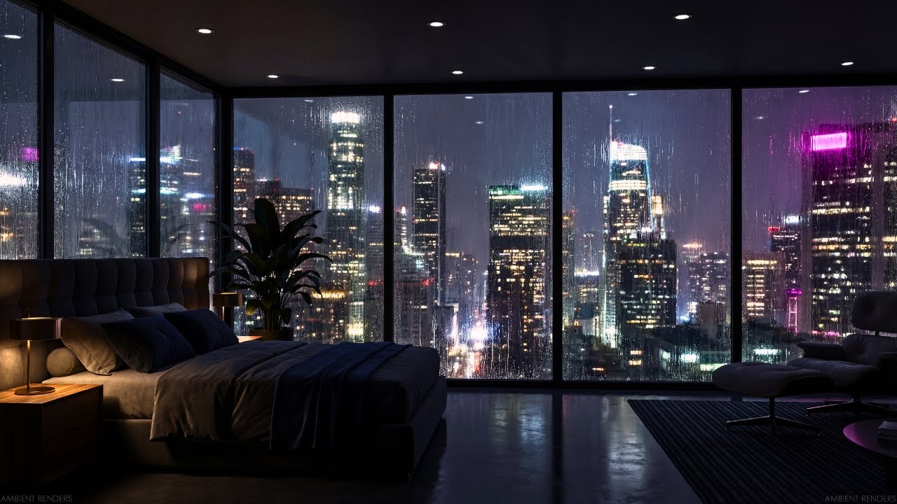 Heavy Rain & Thunder Sounds Outside | 4K Sleep in a Luxury Miami Apartment Night City View (No Ads)