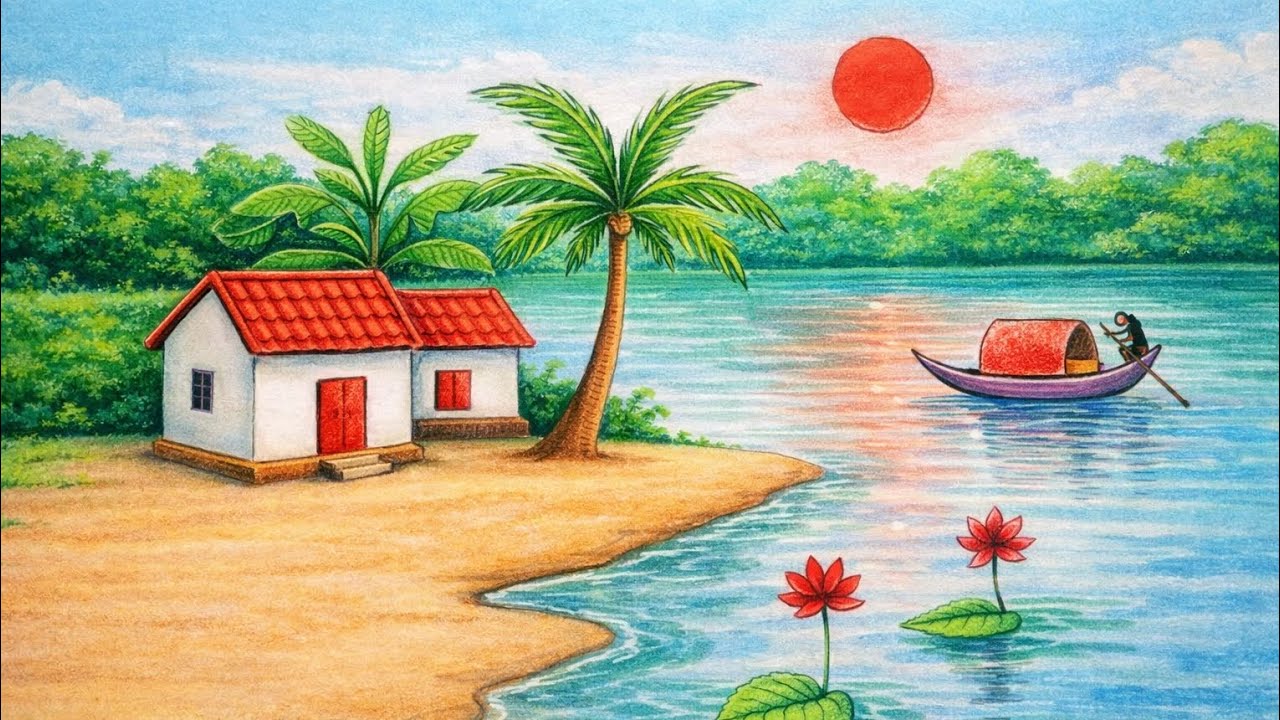 A simple village scenery drawing step by step 