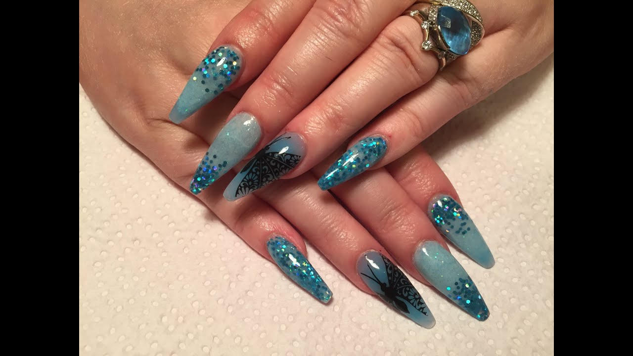 Acrylic Nails, long sculpted ballerina blue nails