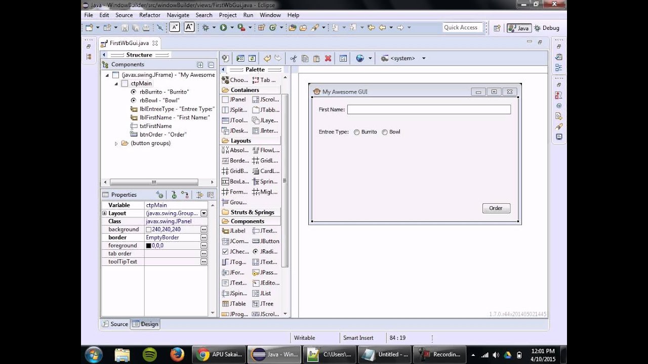 Java GUI Design w/ WindowBuilder Designer (Part 2 of 5)